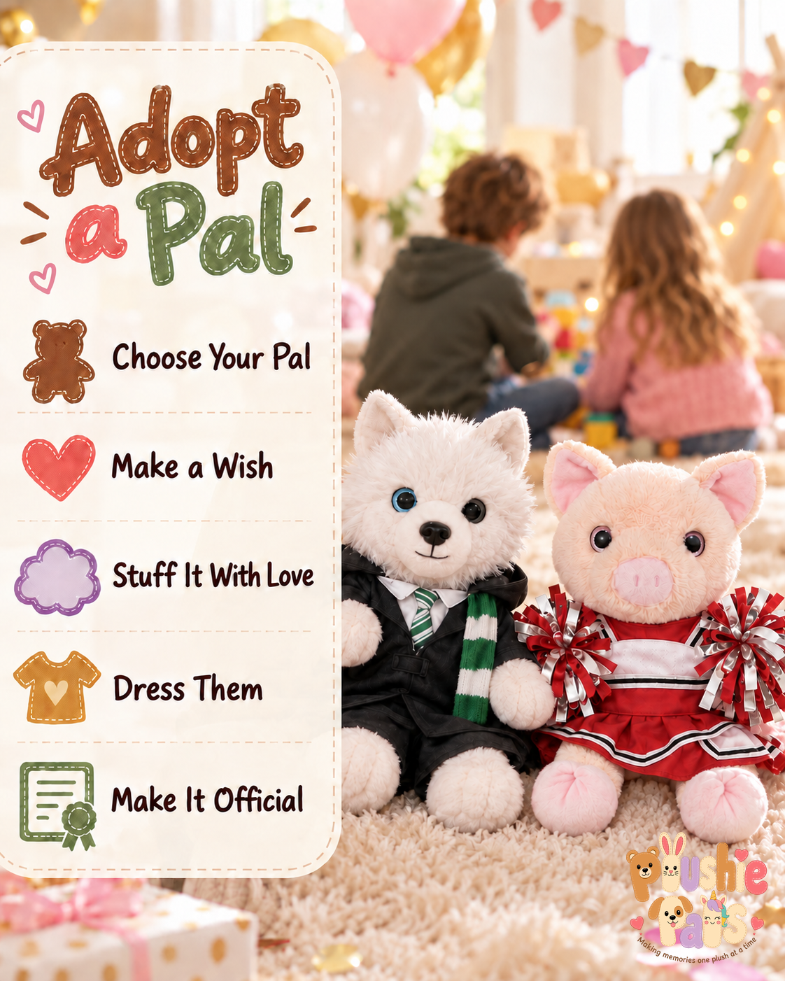 The Adopt-a-Pal 5-step process: choose your pal, cut the fabric, stuff it with love, sew it up, and take it home